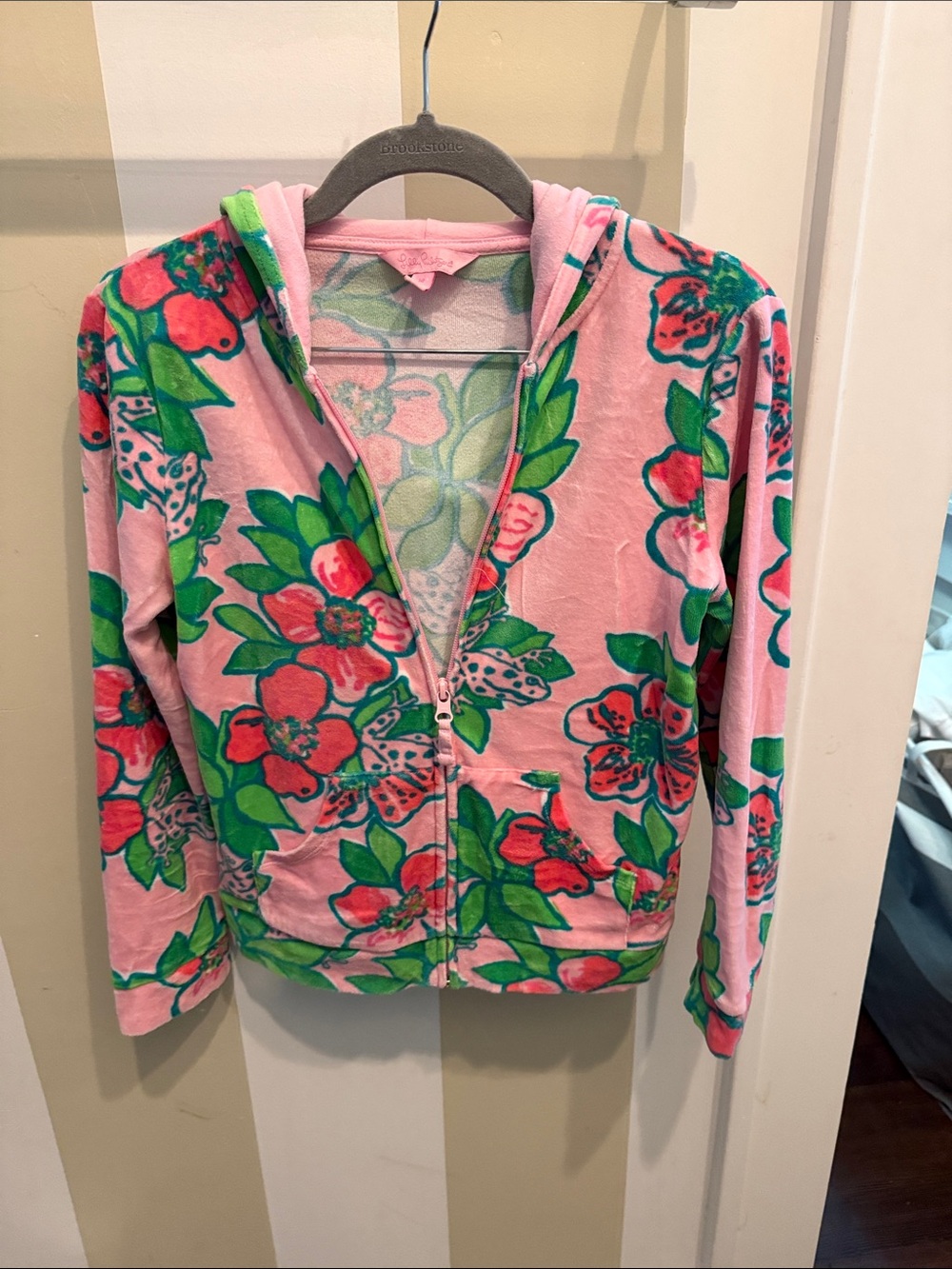 Lilly Pulitzer Pink Floral Zip-Up Hoodie with Green Leaves